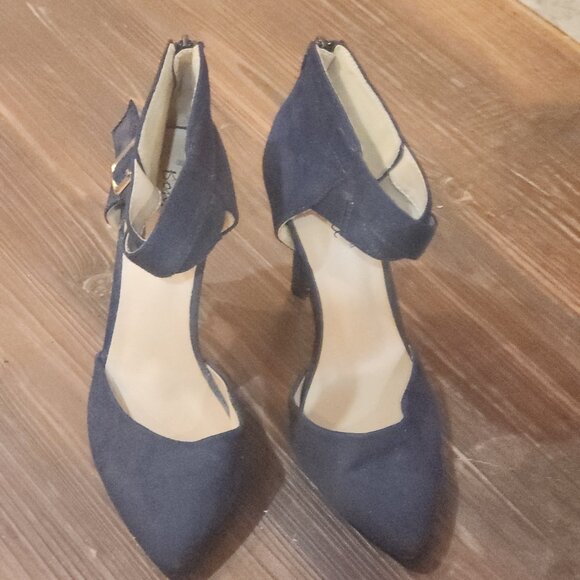 Bonnibel Navy Blue Suede-Like Ankle Strap Heels - Picture 4 of 8